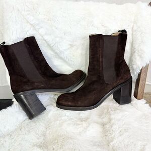 MoSquitos chocolate brown suede leather Chelsea chunky heel ankle boots bootie 7